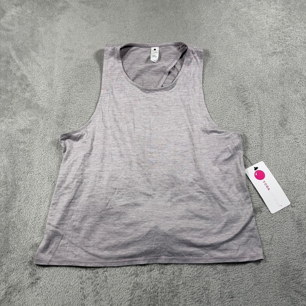 Yogalicious Cropped Tank Top Womens Medium Heathered Purple Open Back Tie Hem